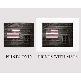 Lisa Russo Fine Art - Patriotic Farmhouse American Flag Barn Landscape Picture Prints - Set of 4 - Not Framed - Red, White, Blue Americana (4 8x10 Prints with 11x14 Mats)