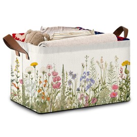 Floral Meadow Storage Basket Large 17x11.5x10.5 Inche-Collapsible Fabric Organizer Bin with Handles for Garden Party, Boho Decor, Living Room-Decorative Hamper with Field Flower Pattern-Single Pack