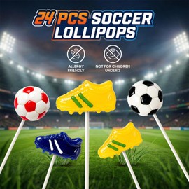 24 ct Soccer Themed Lollipops Suckers Individually Wrapped Bulk, 4 Styles & 4 Flavors - Soccer Ball & Golden Boot Shaped, Sports Lollipops Candies Sucker for Party Treats & Birthday Decoration