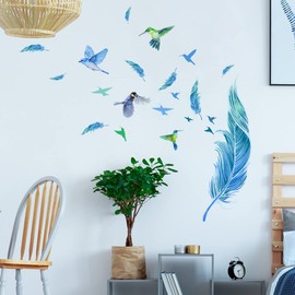 Condessacity Wall Sticker, Stylish, Blue Feather, Hand-painted Bird, Wallpaper Sticker, Removable, Stylish, Scandinavia, Living Room, Wall Decor, Wall Sticker, Waterproof, Wall Paper