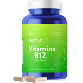 Vitamina B12 y Noni en polvo con 30 Cápsulas de 400mg | 1 mes de rendimiento | 100% Natural, Vegano y Sin gluten | Suplemento Alimenticio | Multivitaminico Hombre y Mujer | LIV NUTRITION