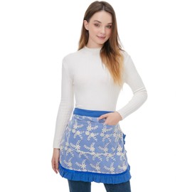 Beautiful Half Apron Cotton Fashion Lace Embroidered Restaurant Bistro Waitress Kitchen Apron for Women Girls Blue One Size, blue
