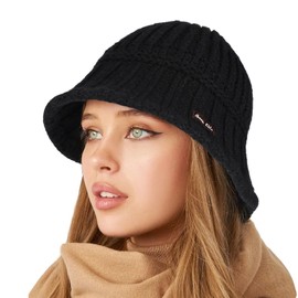 TAGVO Winter Bucket Hat Womens, Casual Beanie Hat Foldable Fluffy Bucket Hat Round Knit Woolen Hat Fisherman Hat for Women Teenage Girls Travel Ourdoor Black
