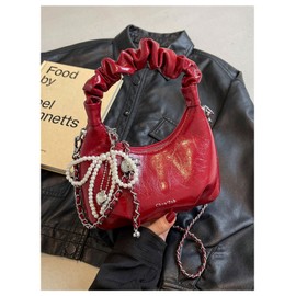 Verdusa Women's Ruched Top Handle Shoulder Handbags Vintage Hobo Bags with Metal Chain Burgundy One Size