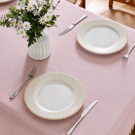JIALE Textured Tablecloth, Heavy Duty Linen Style Farmhouse Table Cloth Rectangle Table, Wrinkle-Free Washable Waterproof Table Cover for Kitchen, Dining, Parties, 55"x90", Pink