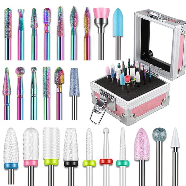 Depvko 25Pcs Nail Drill Bits Set with Portable Pink Case, 3/32 Inch Ceramic Drill Bits for Acrylic Nails, Diamond Carbide Cuticle Efile Remover Quartz Pointed Bits for Home Salon Acrylic Gel Nail