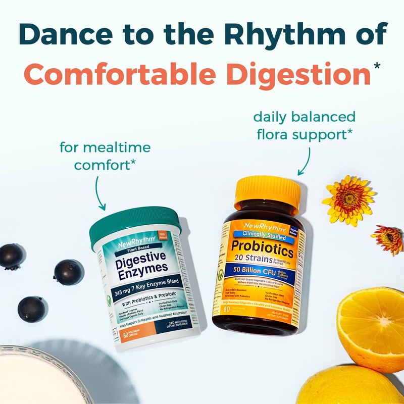 NewRhythm Digestive Enzymes 245 mg, with Probiotics and Prebiotics, Plant