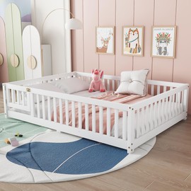 Full Size Floor Bed Frame with Slats and Safety Guardrail, Wood Full Size Montessori Floor Bed with Door and Fence, Easy Assemble Montessori Beds for Kids, Girls, Boys, White