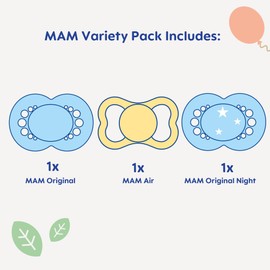 MAM Variety Pack Baby Pacifier, Includes 3 Types of Pacifiers, Nipple Shape Helps Promote Healthy Oral Development, 3 Pack, 6-16 Months, Unisex