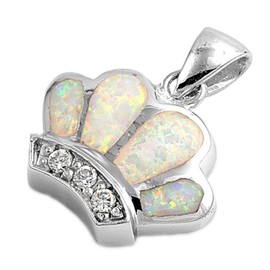 Scalloped Crown Pendant White Simulated Opal .925 Sterling Silver Charm