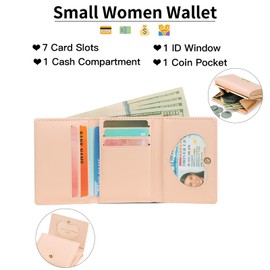 BVEOGMRO Small Wallet for Women Leather RFID Blocking Coin Pocket Card Holder Trifold Compact Wallets with ID Window