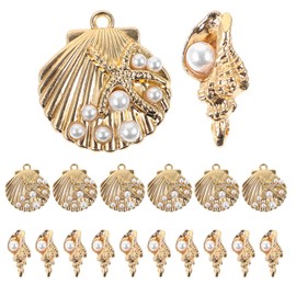 20pcs Conch Sea Shell Charm Alloy Pendant with Holes, Golden Color Charms with Mini Imitation Pearl Beads for DIY Necklace Jewelry Making Women