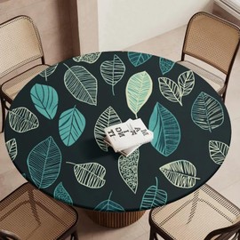 Yeylyn Modern Leaf Round Fitted Tablecloth with Elastic Table Cover Waterproof Wipeable, Round Elastic Tablecloth 45"-50", Circle Table Cloth for Picnic, Dining, Outdoor