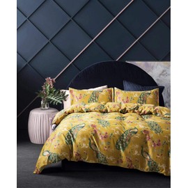 Eikei Chinoiserie Chic Peacock Floral Duvet Cover Paradise Garden Botanical Bird and Tree Branches Vintage Stylized Long Staple Cotton Bedding Set (Queen, Citrine)