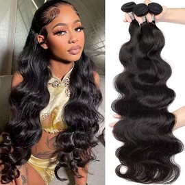 Huarisi Body Wave Human Hair 3 Bundles(24 26 28 inch), Long Brazilian Body Wave Hair Bundles for Black Women, 7a Unprocessed Remy Hair Body Wave Weaves Real Hair
