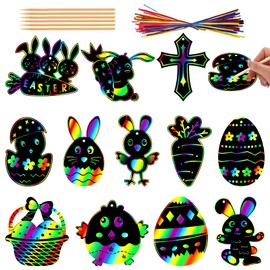 Scratch Pictures for Children Easter Pack of 36 Scratch Art Paper Rainbow Scratch Art Easter Eggs Rabbit Shape Easter Decoration Craft Set for DIY, Easter Party Decorations