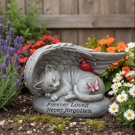 YHSOLAR Cat Memorial Stones with Angel Wing Kitten Sculpture Sleeping 6 Inch, Pet Grave Markers Resin Pet Loss Sympathy Gift Cat for Outdoor Garden Gravesite Funeral