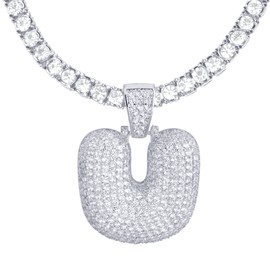 metaltree98 24" Tennis Chain A - Z Initial Bubble Letter Silver Plated Iced CZ Pendant 24" Necklace (U)