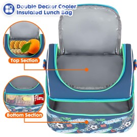 YOYTOO Kids Double Decker Cooler Insulated Lunch Bag, Back to School Large Meal Tote for Boys, Girls, Men, Women, with Adjustable Strap, Soccer