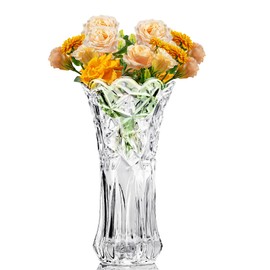 Transparent crystal vase with thickened design and diamond pattern, suitable for home decoration centerpieces, weddings, and mother's gifts (NL（H≈11inch）)
