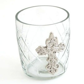 Nickel Cross on Glass Cup, Votive Candle Holder. - Set of 3
