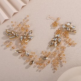 Teyglen Champagne Crystal Rhinestone Beads Headband Flower Bridal Wedding Hair Vine for Bride Headpiece Party Prom Bridal Hair Accessories for Women (Champagne)