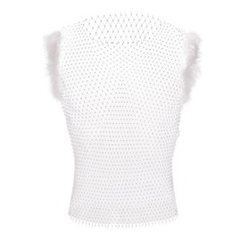 ABAFIP Men's Rhinestone Rave Top Furry Trim Sleeveless Sheer Crop Tops Tanks Fishnet Shirts Music Festival Outfits White Medium