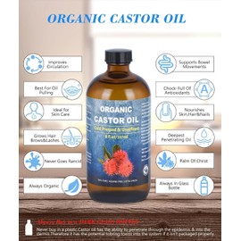 VRJEUGO Organic Castor Oil for Face Roll On，Rollerball Deep Hydration for Skin Care and Hair, Castor Oil Organic Cold Pressed Unrefined Glass Bottle 8oz with 2 Roller
