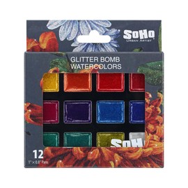 SoHo Urban Artist Glitter Bomb Watercolor Paints - 12 Glitter Watercolor Paint Colors, Semi-Moist, Ultra-Sparkly for Shimmering Mixed-Media Art & Journaling