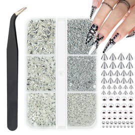 qiipii 3D Mini Metal Punk Bullet Rivet Nail Charms Flat Bottomed Alloy Pointed Cone Spike Silver Nail Art Pearls Gems Studs Steel Beads Balls for Acrylic Nails Goth Manicure Women DIY Crafts Decor