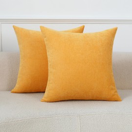 Qanatmz Gold Yellow Cozy Soft Throw Pillow Covers Decorative Mustard Chenille Square Couch Cushion Cases for Livingroom Sofa Decor, Set of 2, 18 x 18 Inches