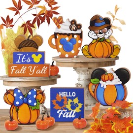 Uruney Fall Theme Tiered Tray Decor, Cartoon Mouse Pumpkin Tray Decorations, Hello Fall Y'all Coffee Chestnut Hot Cocoa Wooden Signs, Autumn Thanksgiving Farmhouse Rustic Decor for Home Table Shelf