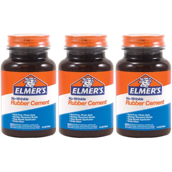 Elmer's No-Wrinkle Rubber Cement, Clear, Brush Applicator, 4 Ounce, 3 Pack