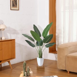 OAKRED Artificial Bird of Paradise Plant, 4Ft Fake Floor Plants with White Taper Planter, Fake Palm Tree for Indoor Home Decor Office Living Room, Set of 1