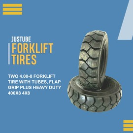 Two 4.00-8 Forklift Tire with Tubes, Flap Grip Plus Heavy Duty 400x8 4x8, Includes Tubes and Flap Grip Plus for Superior Traction and Reliability in 400x8 4x8 Size