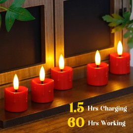 Yeelida Rechargeable Flameless 1.6" x2.5" Tea Light Candles with Remote & Type-C Charging Cable, Timer LED Flickering Burgundy Plastic 6pcs Mini Dripping Wax Votive Tealight Candles