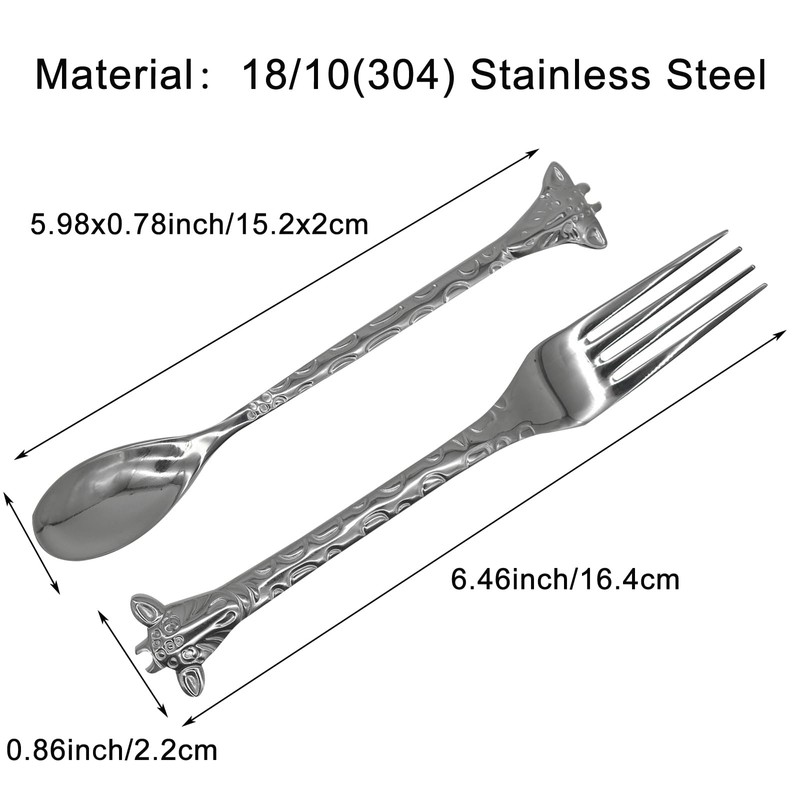 Pinenjoy 4Pcs Giraffe Spoon Forks Silver 18/10(304) Stainless Steel 6inch