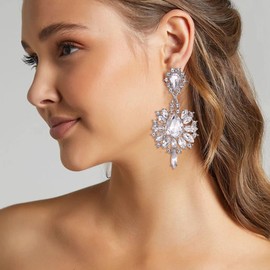 EVER FAITH Earrings Marquise Austrian Crystal Prom Flower Teardrop Statement Chandelier Large Stud Earrings for Women Iridescent AB Gold Tone, Crystal, No Gemstone