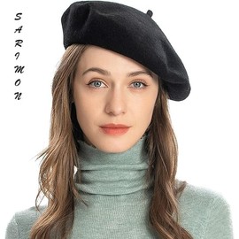 SARIMON Wool French Beret Hat for Men and Women in Plain Colours (Black)