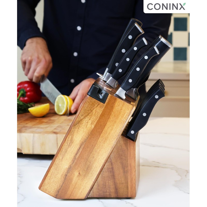 Coninx Universal Knife Block with Built-In Sharpener – 15-Slot Acacia