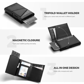 VULKIT Trifold Pop Up Men Wallet Leather RFID Blocking Credit Card Holder Metal Card Case, Hold 10 Cards and Bills