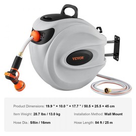 VEVOR Retractable Hose Reel, 65-130FT Garden Water Hose Reel with 9-Pattern Nozzle, 180¬∞ Swivel Bracket Wall-Mounted, Automatic Rewind, Lock at Any Length, with Slow Return System:_84 FT 5/8 INCH