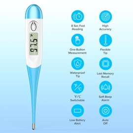 TULUR Thermometer for Adults and Kids with 8 Seconds Fast Accurate Reading, Accurate & Safe Baby Thermometer for Oral, Rectal or Under Arm Use, Digital Thermometer with Fever Alarm, Large LCD Display