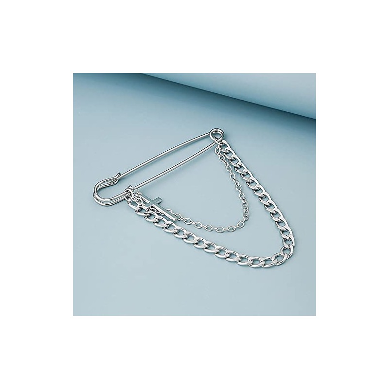 Long Chain Cross Brooch Pin Retro Silver Pin for Men
