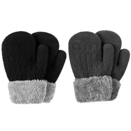 Winter Mittens Gloves Beanie Hat Set for Kids Baby Toddler Children, Thick Warm Knit Fleece Lined Thermal Set for Boys Girls, Black&gray