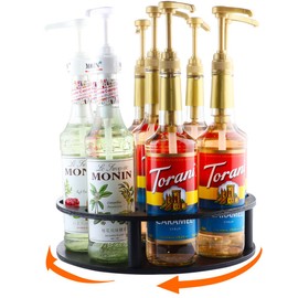 Rotating Coffee Syrup Organizer 9 Bottles Coffee Syrup Rack for Countertop Black Wood Syrup Bottle Holder Stand for Coffee Bar Station, Turntable Wine Display Tray