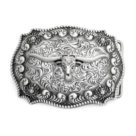 CRAFTMEMORE - Hebilla de cinturón occidental, diseño de caballo y cuerno largo, acabado de latón antiguo y plata, se adapta a cinturones de 1.5 pulgadas, Plata antigua, 1.5 Inches