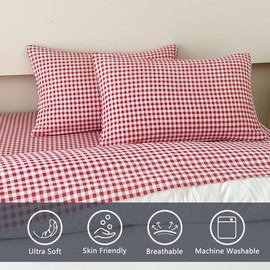 NSNLGSGC Red Gingham Twin Sheet Set, Soft Brushed Microfiber Red Plaid Twin Bed Sheets, 3-Pieces Kids Sheet Set with Deep Pocket