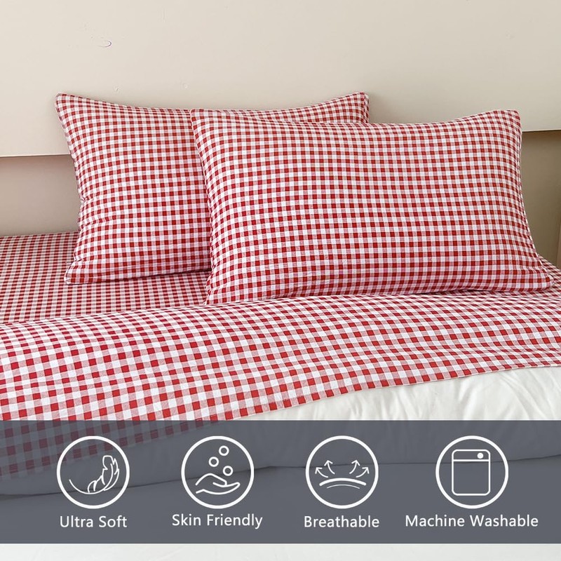 NSNLGSGC Red Gingham Twin Sheet Set, Soft Brushed Microfiber Red