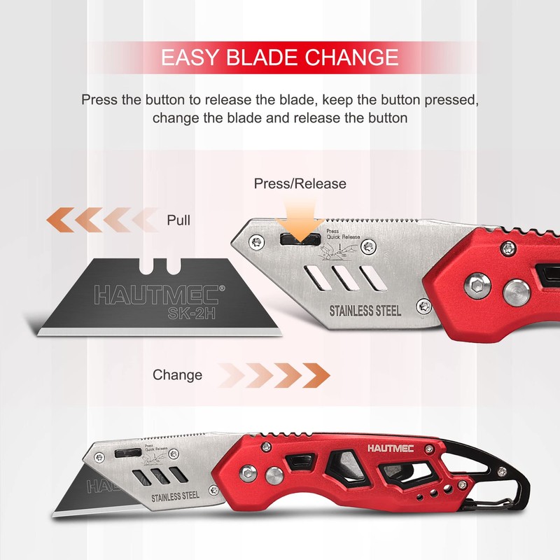 HAUTMEC Folding Utility Knife with 10-Pack SK2H Blades, Heavy-Duty Aluminum